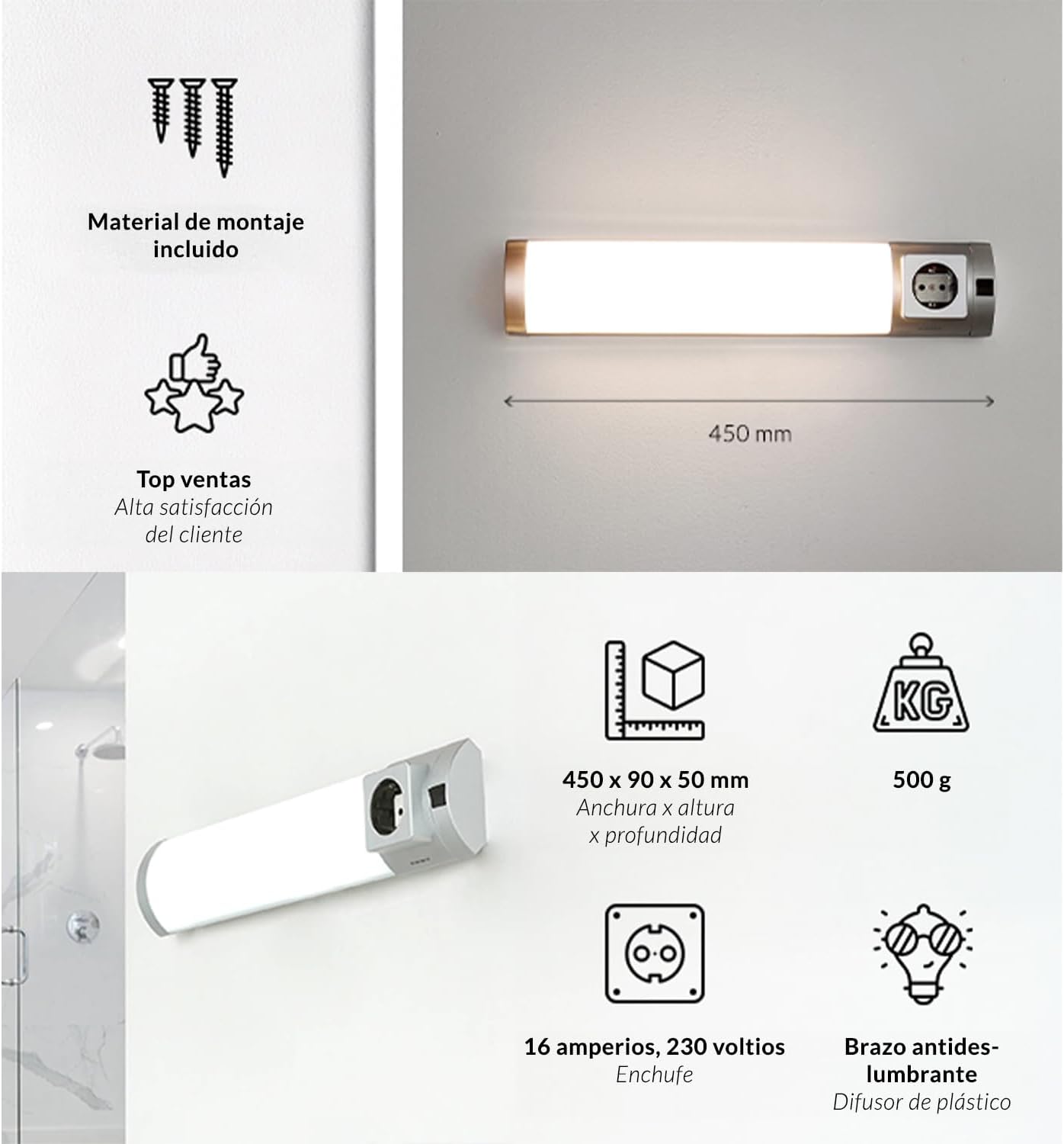 Aplique LED 3000K con interruptor