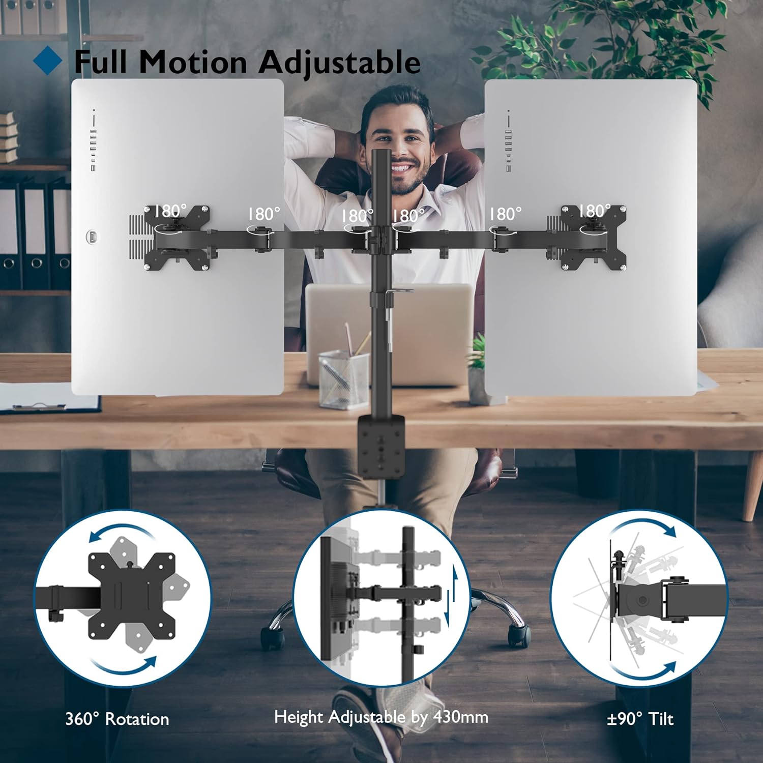 BONTEC Soporte Monitor Doble para Monitor 13-27 Pulgadas LED/LCD, Soporte 2 Monitores Peso Máximo 10KG de Cada Brazo, Giro de 360° y Rotación de 180°, Altura Ajustable, VESA 75/100 mm, Negro