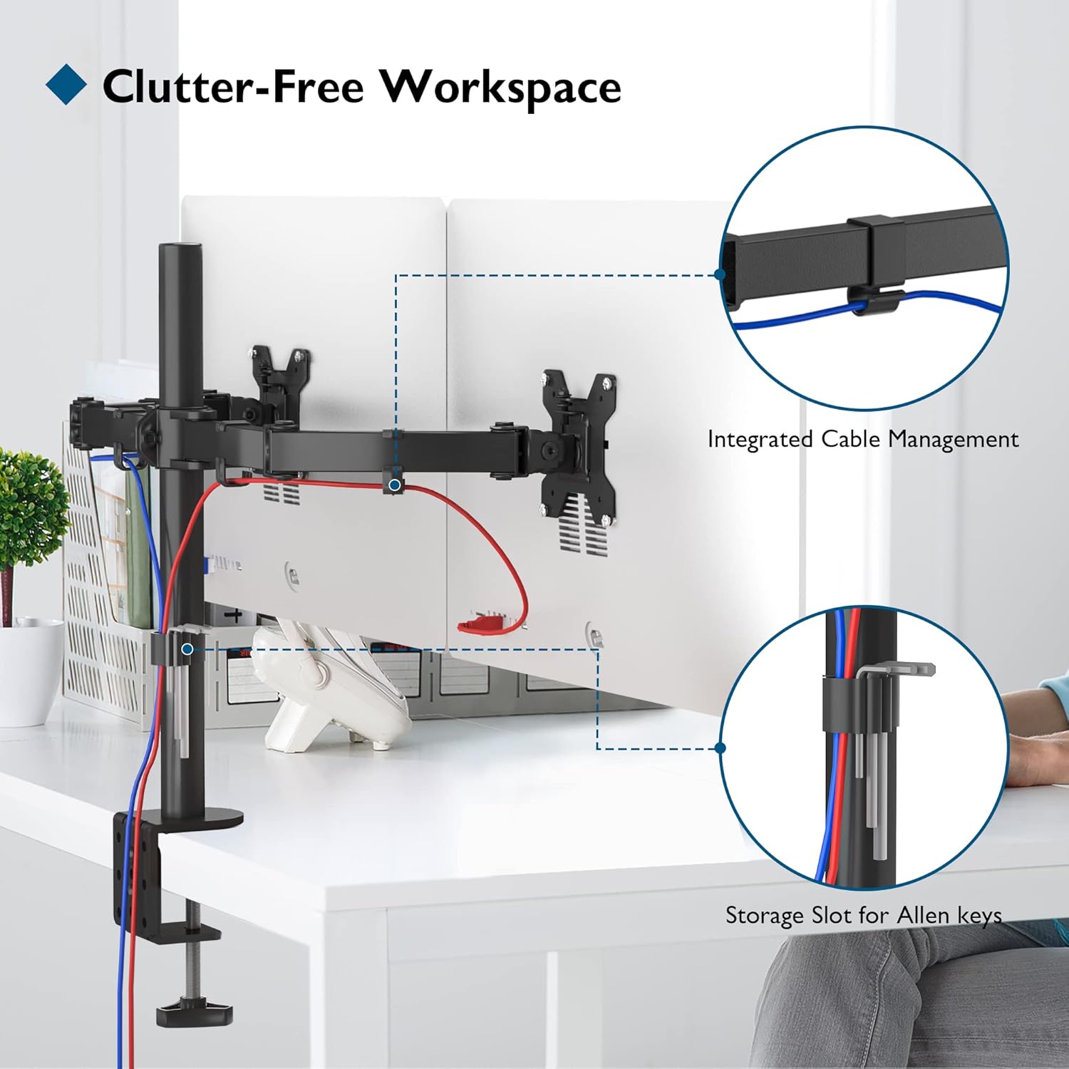 BONTEC Soporte Monitor Doble para Monitor 13-27 Pulgadas LED/LCD, Soporte 2 Monitores Peso Máximo 10KG de Cada Brazo, Giro de 360° y Rotación de 180°, Altura Ajustable, VESA 75/100 mm, Negro