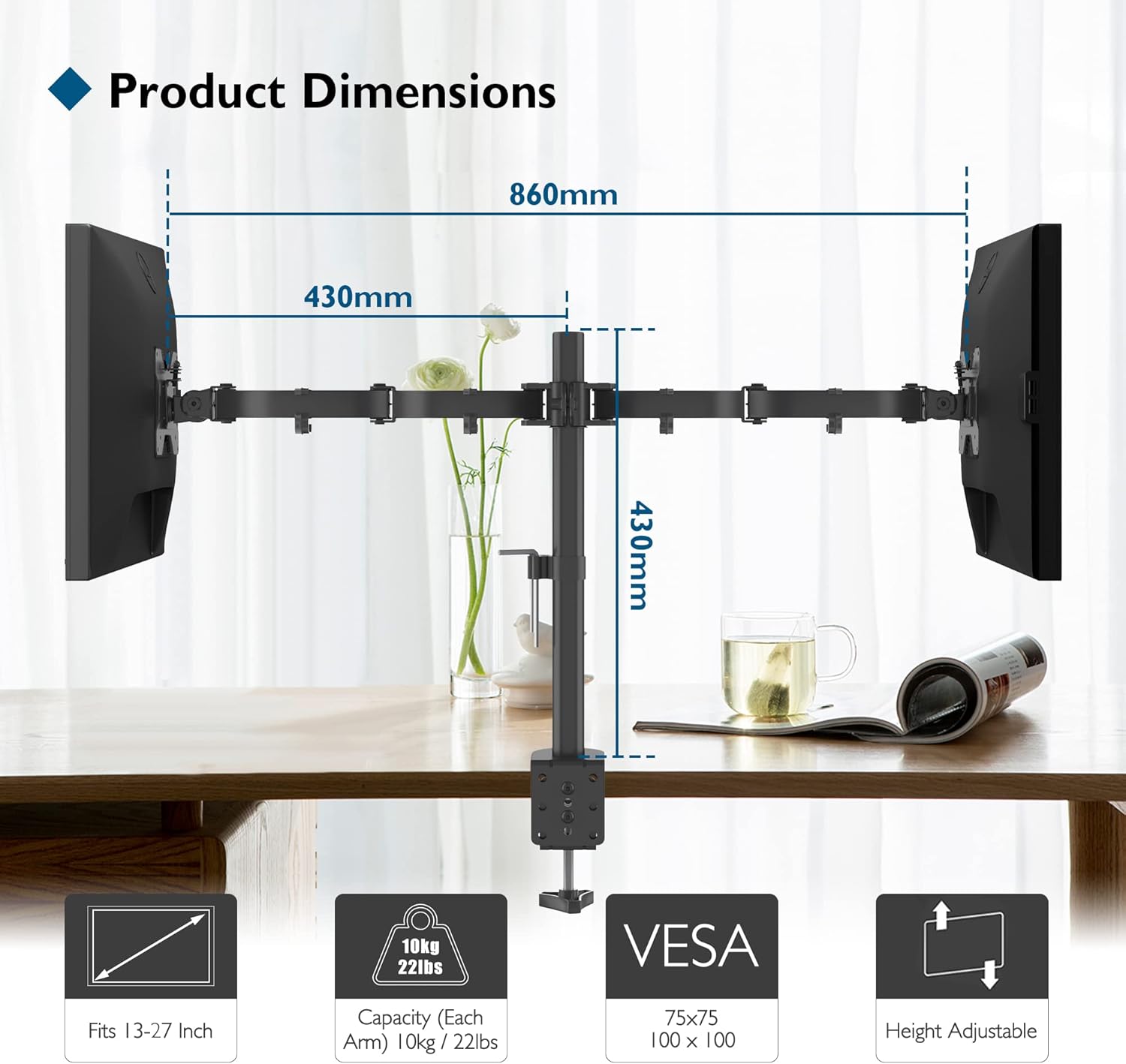 BONTEC Soporte Monitor Doble para Monitor 13-27 Pulgadas LED/LCD, Soporte 2 Monitores Peso Máximo 10KG de Cada Brazo, Giro de 360° y Rotación de 180°, Altura Ajustable, VESA 75/100 mm, Negro