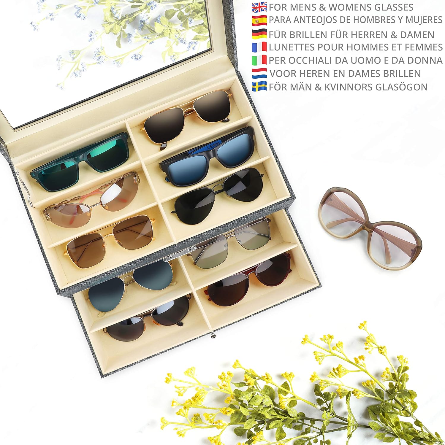 Caja organizadora de gafas gris