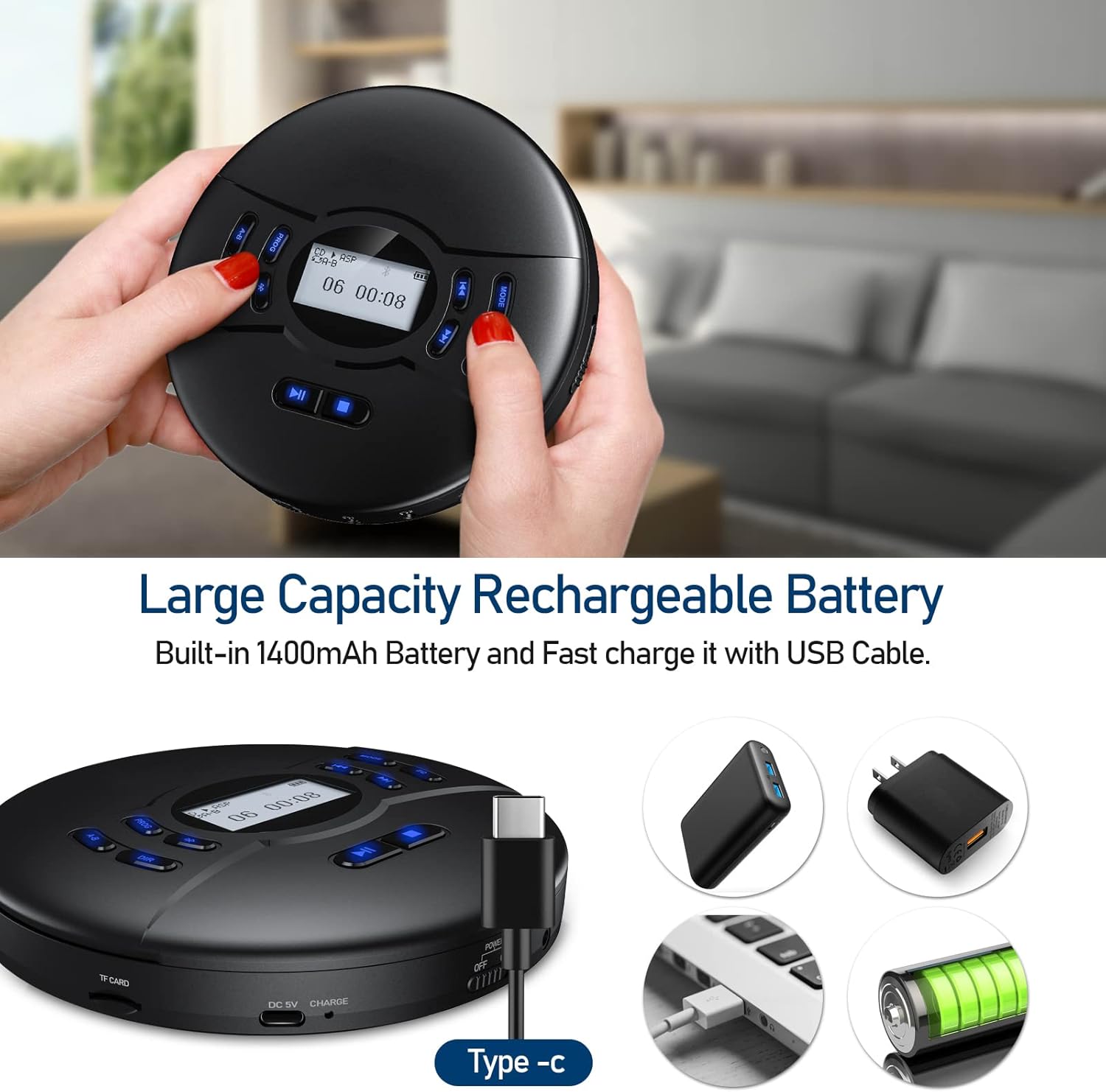 Reproductor CD portátil Bluetooth