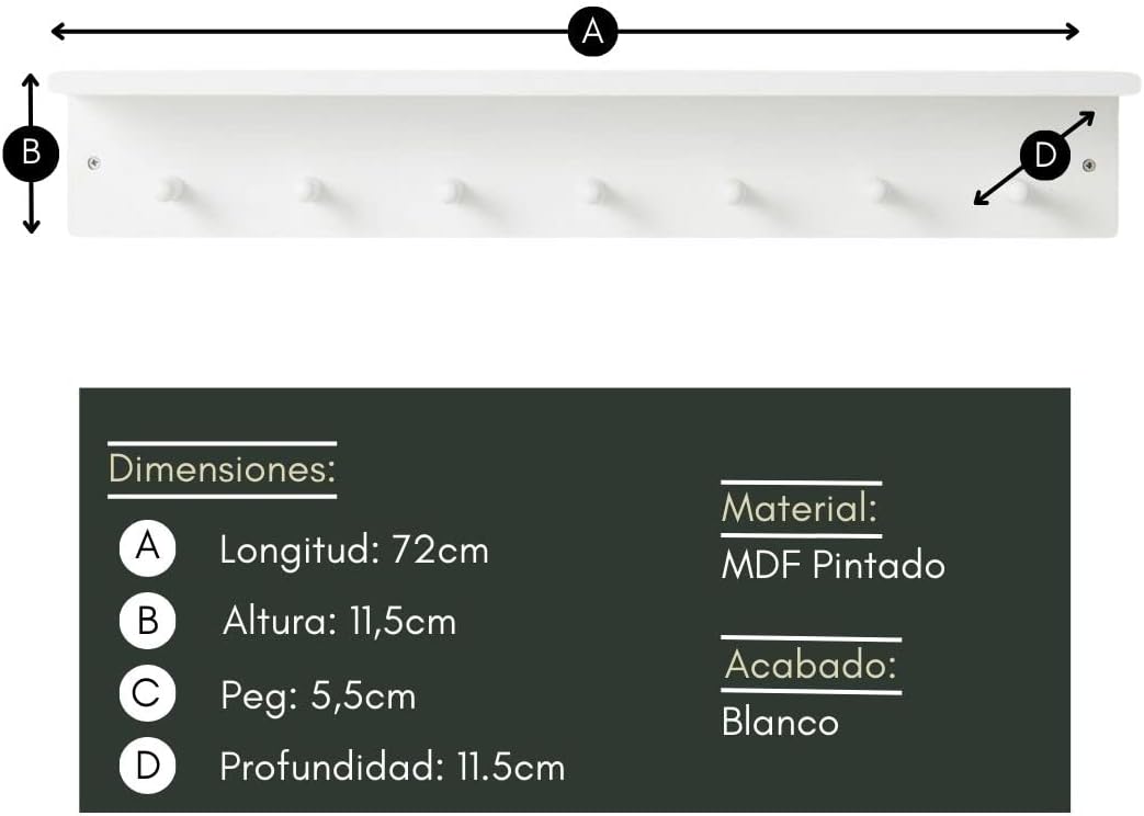 Estante Pared 7 Ganchos Blanco