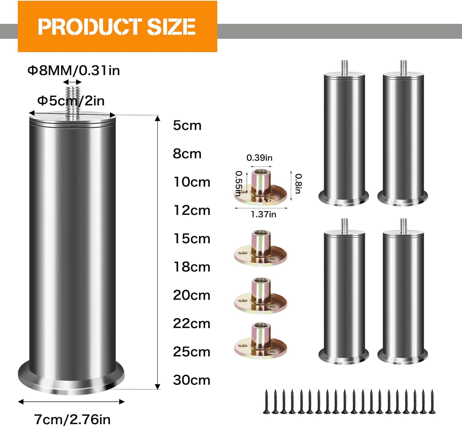 4 Patas de muebles de acero, 15cm