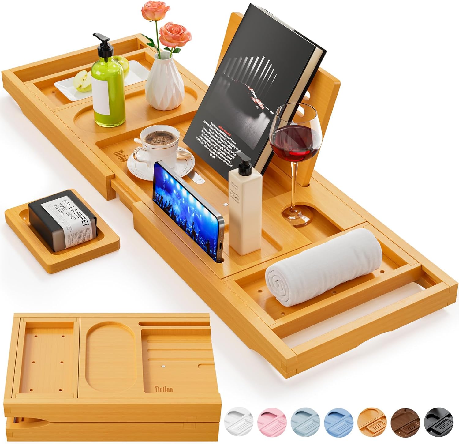 Bandeja de baño de bambú ajustable