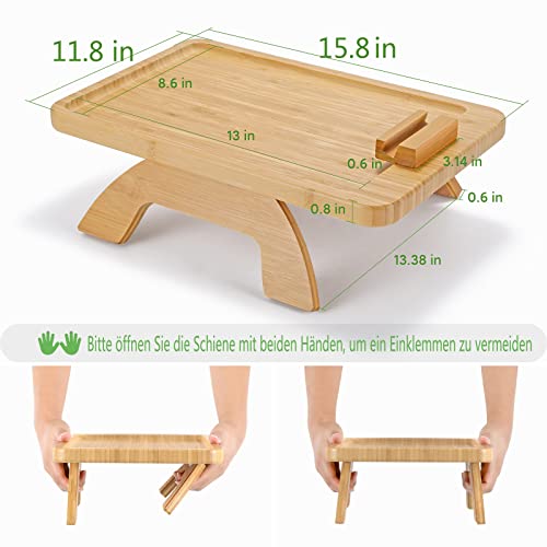 Bandeja de sofá giratoria con soporte para teléfono, de madera de bambú