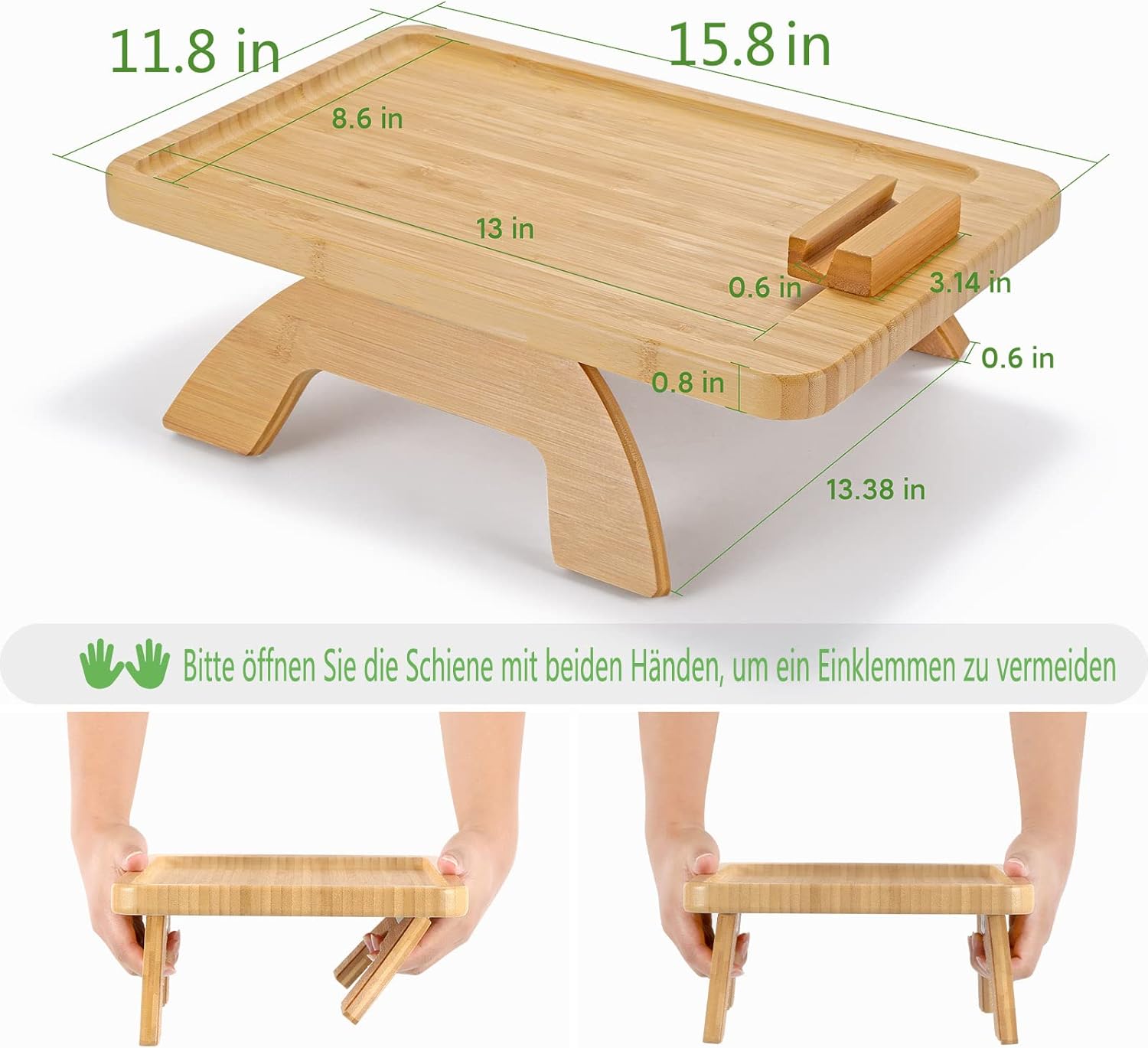 Bandeja de sofá giratoria con soporte para teléfono, de madera de bambú