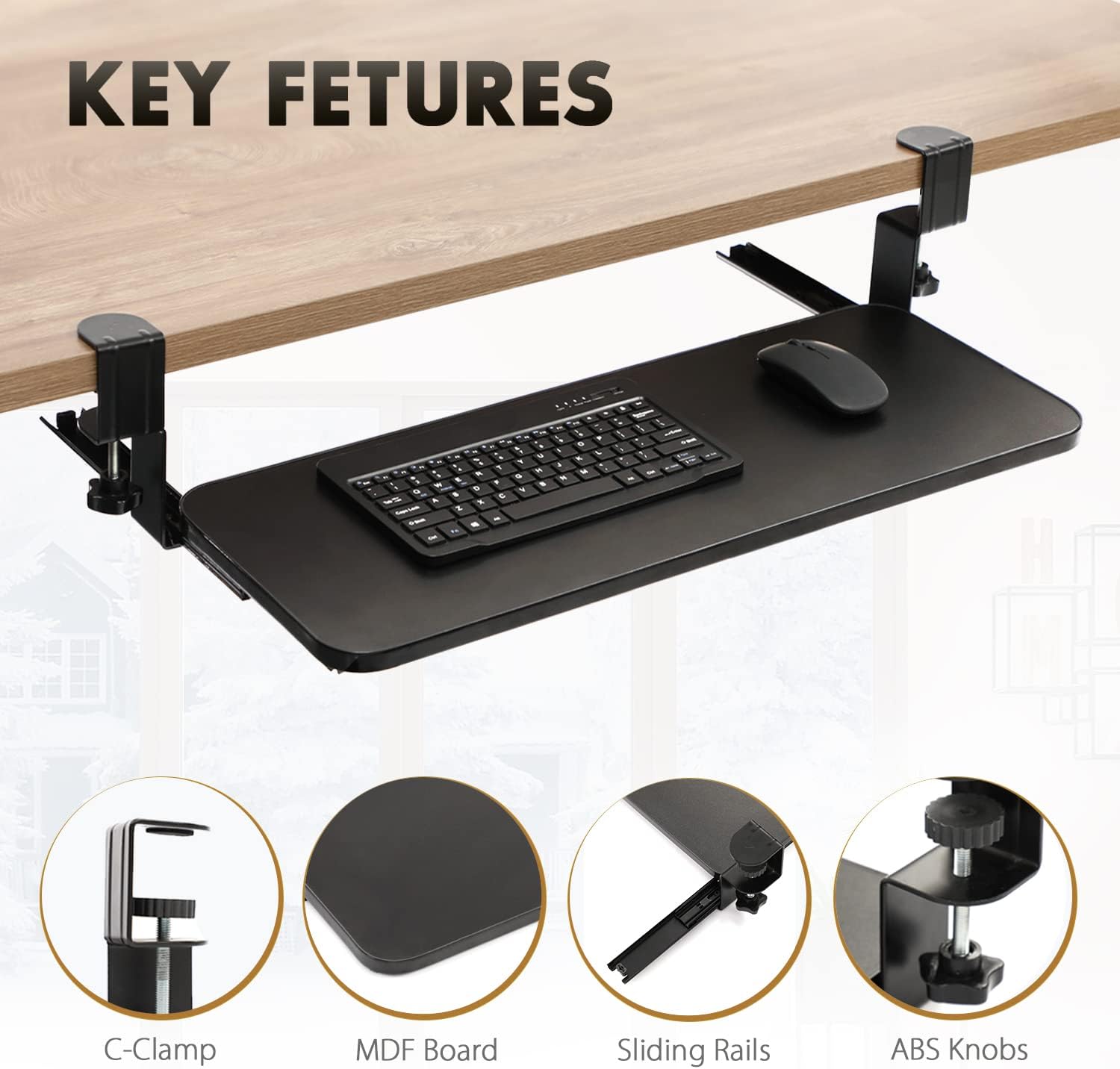 AIMEZO Plataforma para Teclado Bajo Escritorio, 65 x 25 cm Bandeja para Teclado Deslizante con Soporte de Teclado Deslizante con Abrazadera C (Negro)